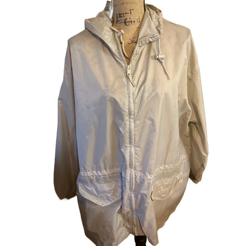 Totes Rain Hooded Rain Jacket XL Beige Khaki Drawstring Waist Pockets